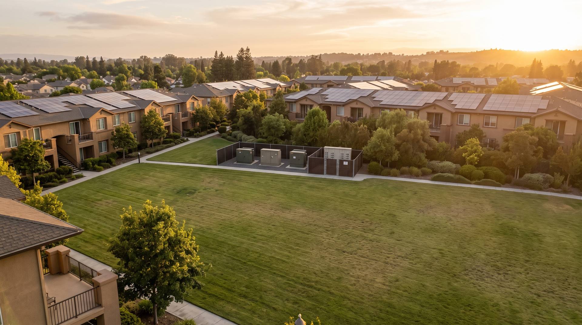 Multifamily buildings and a utility structure with meter banks and switchgear, seen from across a lawn at distance.