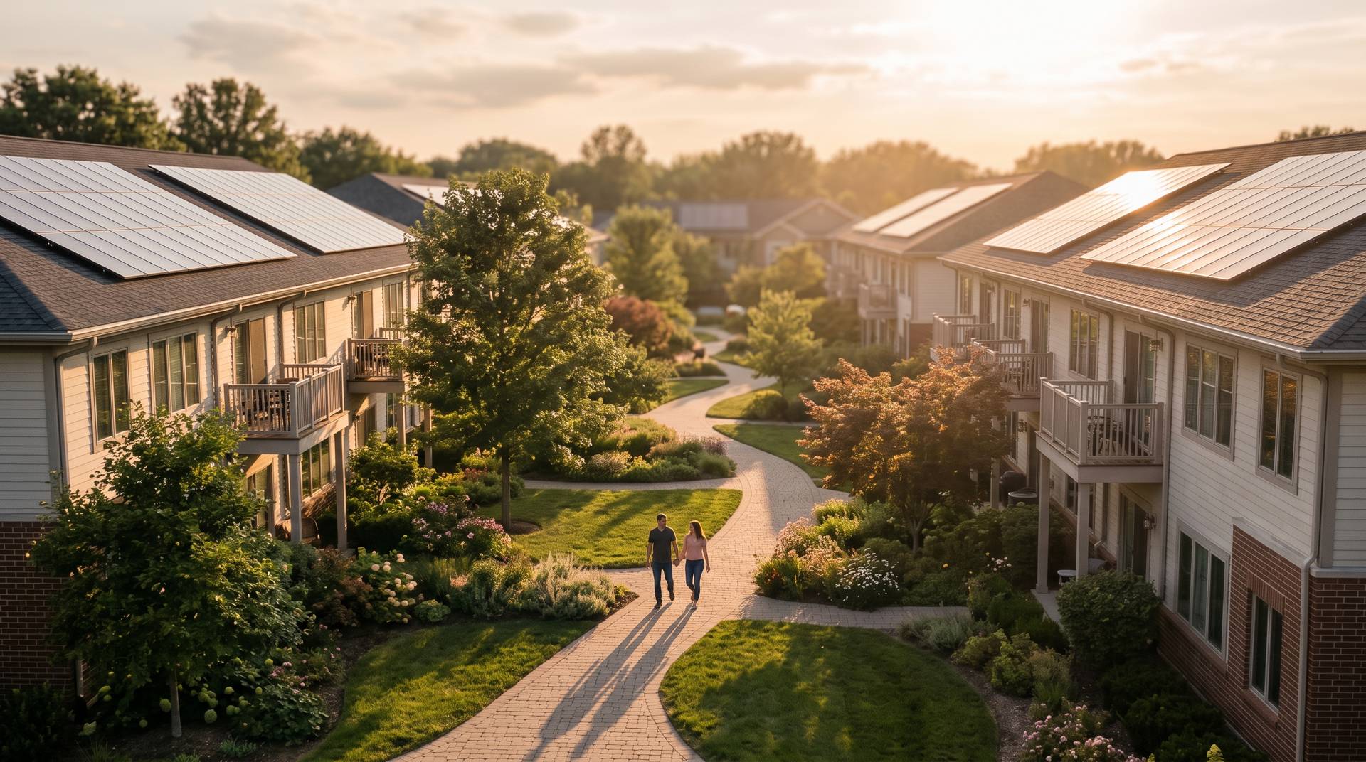 Golden-hour site walk: two people on a paver path between two-story solar-roofed multifamily buildings.