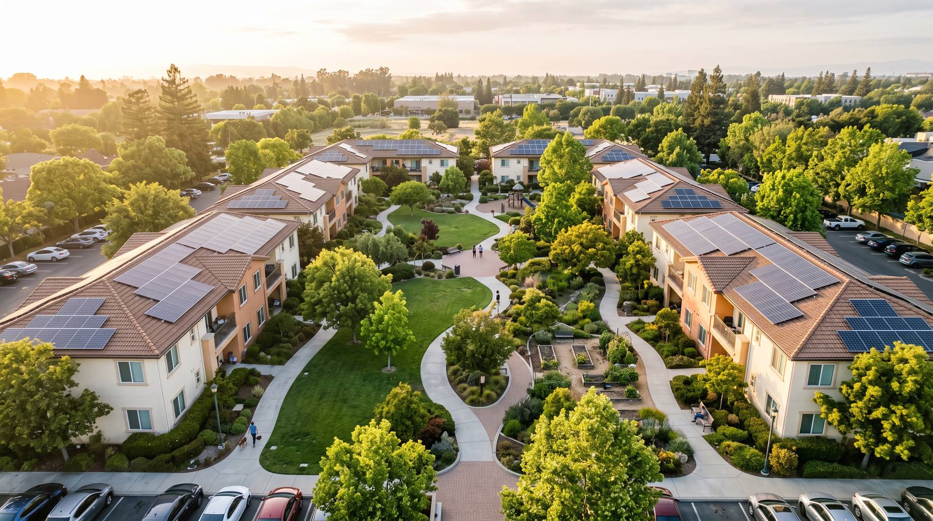 Elevated view of a garden-apartment courtyard with rooftop solar arrays; residents on the paths at a distance.