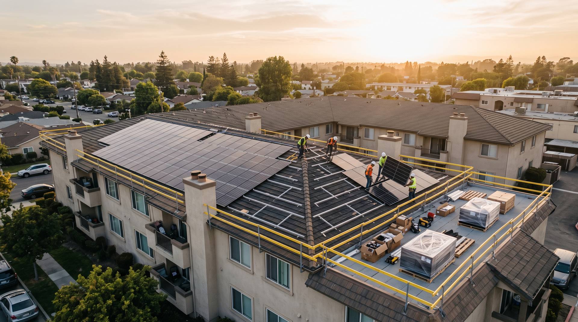 Rooftop solar installation in progress on a multifamily building, crew and staged panels seen from elevation.