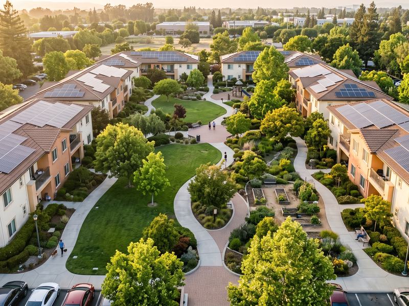 Garden-apartment courtyard with rooftop solar; residents on the paths at a distance.