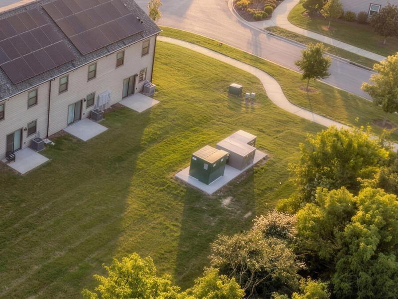 Rooftop solar array on a multifamily building at golden hour, seen from above.