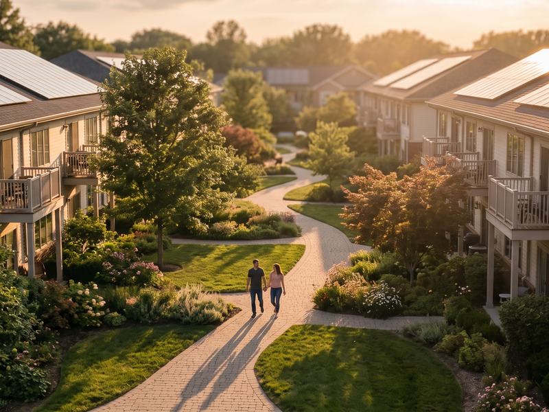 Golden-hour site walk: two people on a path between solar-roofed multifamily buildings.