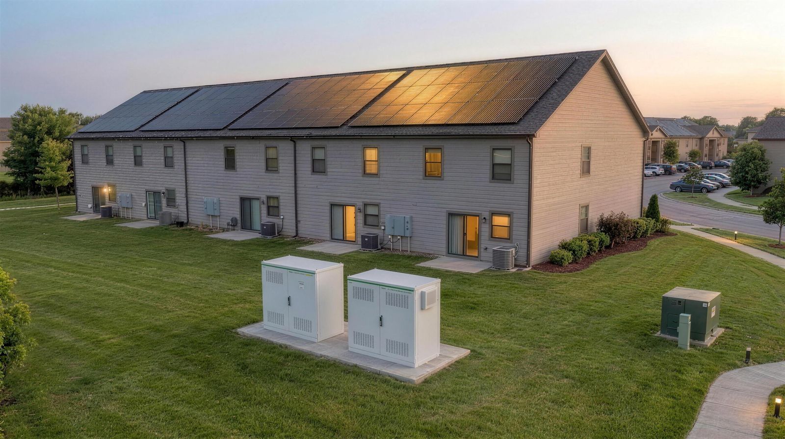Day-to-dusk aerial of a solar-roofed multifamily building: by day the rooftop array charges the two identical white battery cabinets, their green charge bars filling; at dusk the batteries hand power to the pad-mounted transformer - out to the grid - and the apartment windows light up as the homes draw power.