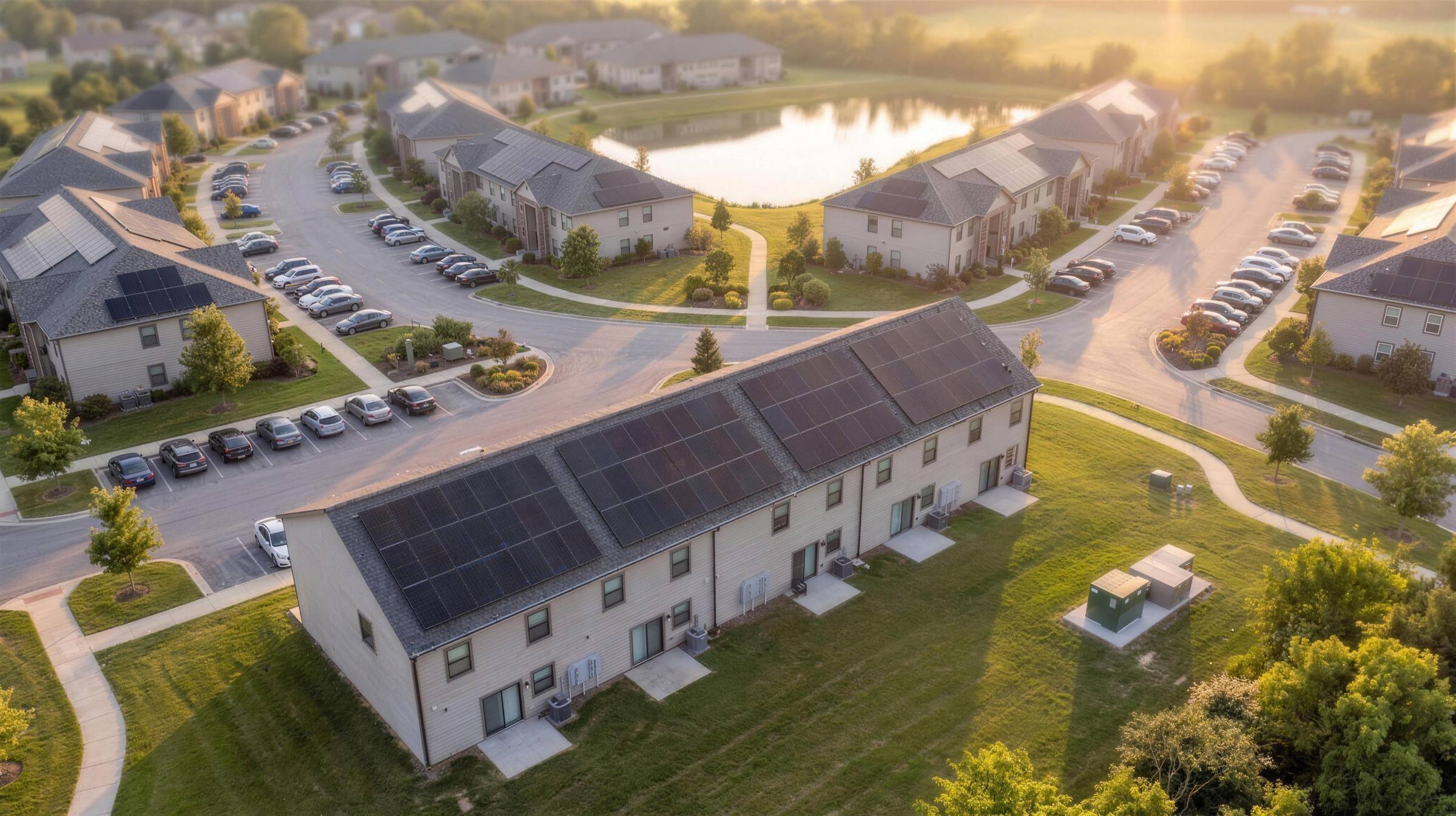 Golden-hour aerial view of a multifamily apartment community with rooftop solar on several two-story garden buildings; the nearest building's array, its battery storage and pad-mount transformer sit in the foreground.