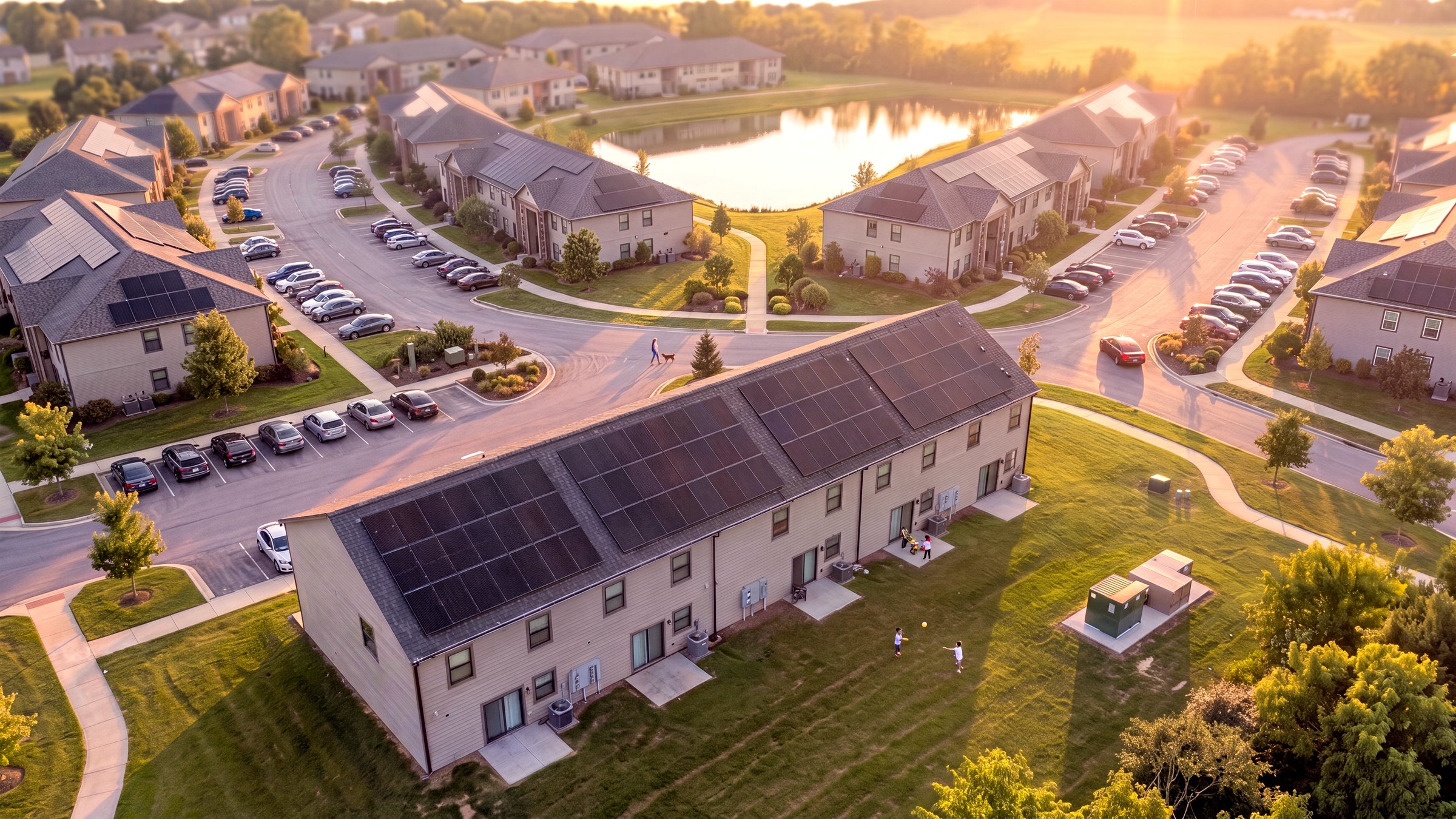 Golden-hour aerial view of a multifamily apartment community with rooftop solar on several two-story garden buildings; the nearest building's array, its battery storage and pad-mount transformer sit in the foreground.